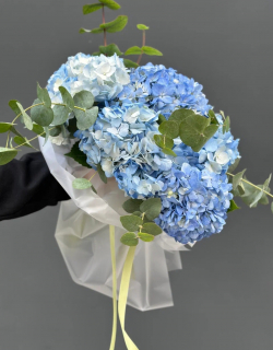 Букет из 7 голубых гортензий с эвкалиптом
