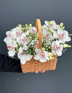 Корзина из орхидеи и эустомы 