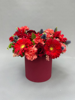 Шляпная коробка из герберы, гиперикума, диантуса, розы, эрингинума